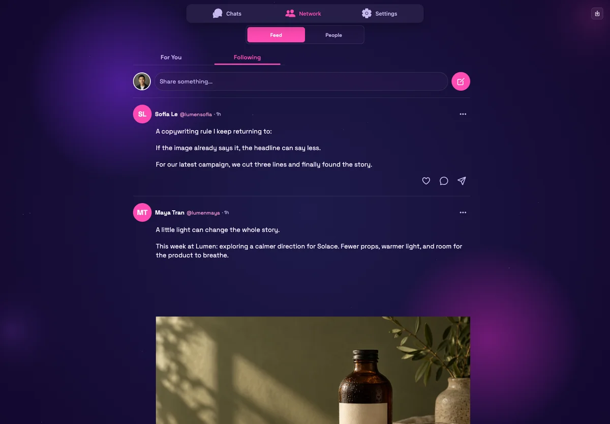 An's Following feed with Sofia's writing note and Maya's Solace campaign image